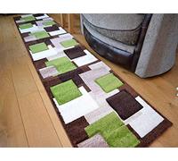 Tempo Brown Green Square Design Thick Quality Modern Carved Rugs. Available in 6 Sizes (67cm x 240cm)