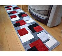 Tempo Silver Red Square Design Thick Quality Modern Carved Rugs. Available in 6 Sizes (67cm x 300cm)