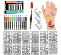 Temporary Tattoo Markers for Skin, 12 Metallic Body Markers + 183 Temporary Tattoo Stencils for Kids Adults, Flexible Brush Tip, Bright Colors, Cosmetic Tattoos Pens for Kids Adults, DIY Body Art Set
