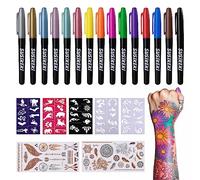 Temporary Tattoo Markers for Skin, 15 Colors Tattoo Pen + 50 Paint Stencils + 43 Tattoos Stickers, Glitter & Matte & Neon Glow Body Marker Set, Removable Fake Tattoos Kit for Teens and Adult