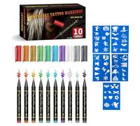 Temporary Tattoo Markers Set-10-Color Body Art Pens, Erasable Waterproof Metallic Luster Tattoo Pens Kit, DIY Creativity Halloween Decorations for Adults and Kids with Tattoo Template
