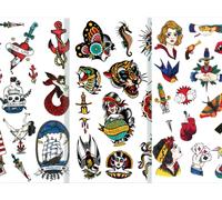 Temporary Tattoo Set of 3 Sheets By Tatsy - Sailor, Vintage, Oldschool - Party Fun Tattoos, Fake Tattoo Body Art for Men and Women, Total 47 Unique Tattoos
