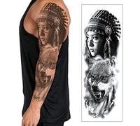 Temporary Tattoo Sleeve Transfer - Full Arm Realistic Waterproof Fake Tattoo Sticker for Men Women Kids - By Delusion Tattoos (American Indian Wolf), Grey, 17cm x 48cm