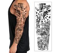 Temporary Tattoo Sleeve Transfer - Full Arm Realistic Waterproof Fake Tattoo Sticker for Men Women Kids - By Delusion Tattoos (Angel Clocks & Compass), Grey, 17cm x 48cm