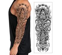 Temporary Tattoo Sleeve Transfer - Full Arm Realistic Waterproof Fake Tattoo Sticker for Men Women Kids - By Delusion Tattoos (Buddha Dagger) Grey
