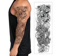 Temporary Tattoo Sleeve Transfer - Full Arm Realistic Waterproof Fake Tattoo Sticker for Men Women Kids - By Delusion Tattoos (Chinese Dragon & Flowers)