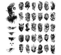 Temporary Tattoo Sticker Set, Includes 30 Dark Animal Stickers and 6 Half-Arm Tattoo Stickers, Suitable for Men and Women, Fashionable and Unique, Black