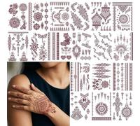 Temporary Tattoo Stickers, 18 Sheets Brown Lace Fake Tattoos for Women, Floral Patterns Waterproof Transfer Body Art for Hands, Arms & Neck, Mehndi Stencils Temporary Tattoos