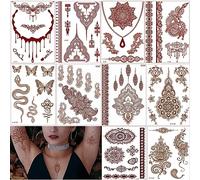 Temporary Tattoos 10 Sheet For Women Girls Mandala Flower Tattoo Stickers Indian Brown Lace Tattoo,Waterproof Removable Fake Tattoo Festival For Body Art (brown B set-10pcs)