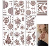 Temporary Tattoos 10 Sheet Mandala Flower Stickers Indian Brown Lace, Waterproof Removable Fake Tattoo Festival For Body Art (Brown-10pcs)