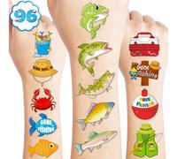 Temporary Tattoos for Kids with Fish Fishing, Colourful Designs, 96 Pieces, Perfect for Themed Birthday Party Supplies, Decorations, Party Favors, Decoration, Fun, Cute Stickers