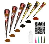 Temporary Tattoos Kit, 6 Pieces Semi Permanent Tattoo Paste Cones, India Body DIY Art Painting for Women Men Kids, Summer Trend Freehand Plaste with 3 Colours, 20 Pieces Sticker Stencil, 1 Bottle,4