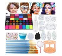 Temporary Tattoos Kit with Face Paint - 42-Color Palette with Glitter Stickers & Face Templates - Festival Makeup Set for Halloween, Christmas & Parties with Sponge, Mirror, Spray Bottle & Bucket