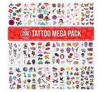 Temporary Tattoos Pack for Kids Children Boys Girls - OVER 200 Tattoos to use on Body Arm Hands Neck Face Legs - 18 Sheet Designs including Tribal Butterfly Skull Dragon Car Bird Unicorn Princess
