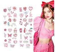 Temporary Tattoos Sticker, 4 Sheets Fake Tattoo Party Supplies with Animal, Heart and Fruit Pattern, Pink Laser Cartoon Tattoos Decoration for Music festivals, Concerts, Stages Makeup