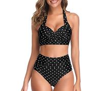 Tempt Me Women Two Piece Swimsuit High Waisted Bikini Halter Vintage Retro Bathing Suit Push up Swimwear, Black Little Dot 1, Large