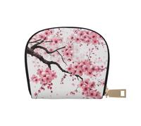 Tempting Cherry Blossoms art Printed Leather Half Circle Card Wallet Zipper Card Case Holder, Compact Stylish for Men and Women