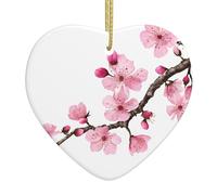 (Tempting Cherry Blossoms) Christmas Tree Ceramic Hanging Heart Bauble Ornaments Festive Xmas Pendant Decorations For Party Home Decor