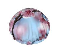 Tempting Cherry Blossoms Print Shower Cap For Women Reusable Double Layer Stylish Soft Bath Cap With Lining Elastic Band