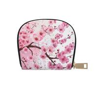 Tempting Cherry Blossoms Printed Leather Half Circle Card Wallet Zipper Card Case Holder, Compact Stylish for Men and Women