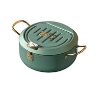 Tempura Frying Pan, 10 inch Deep Fryer Pot with Temperature Control, Carbon Steel Japanese Fryer Pot for Kitchen Home Cooking Chicken Legs, Dried Fish Tools (Green)