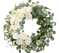 TEMPUS 20" Hydrangeas Spring Wreath for Front Door, Artificial Summer Green Wreaths with White Peony Flowers for Farmhouse Home Wedding Party Wall Windows Outdoor Decor（White）