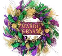 TEMPUS 20 inch Mardi Gras Purple and Green Glitter Wreath for Carnival Front Door and Party Decorations, Mardi Gras Party Home Decor Wreath with Mardi Gras Sign, Indoor and Outdoor Glitter Party Wreat