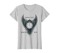 Tempus Fugit Memento Mori Clock Wings Stoic Philosophy T-Shirt, Women, Silver Grey, X-Small