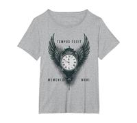 Tempus Fugit Memento Mori Clock Wings Stoic Philosophy T-Shirt, Women's Plus, Heather Grey, 2X