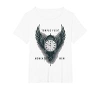 Tempus Fugit Memento Mori Clock Wings Stoic Philosophy T-Shirt, Women's Plus, White, 2X