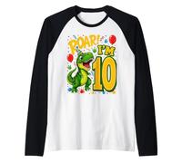 Ten 10th Birthday Roar Dinosaur 10 Year Old Birthday Boy Raglan Baseball Tee