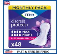 TENA Discreet Maxi Night, Incontinence Pads for Women, Specifically Designed for Night Time Protection with Wider Back and Extra Length, 48 Count (Pack of 8 x 6),packaging may vary