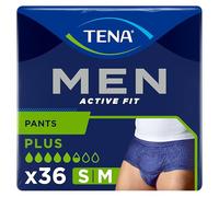 TENA Men Active Fit Pants Plus, S/M, Blue, 4 Packs of 9 (36 Count) | Incontinence Pants for Men with Heavy Bladder Weakness, Triple Protection Against Leaks, Odour & Moisture, Underwear-Like Fit