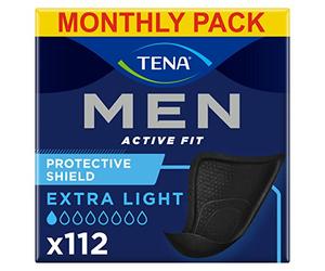 TENA Men Protective Shield, 112 Extra Thin Incontinence Liners (14 X 8 Packs) Specially Engineered Men of All Ages, Black Pad Light Bladder Weakness, Urine Leakage and Drips, White