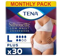 TENA Silhouette Plus Low Waist, 30 pairs of Incontinence Pants (10 x 3 Packs) for Moderate to Heavy Bladder Weakness for Women, Designed for Stylish Protection, White, Large, Fits Waist 95cm - 125cm