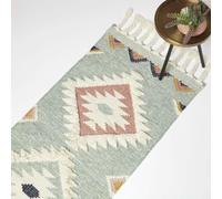 HOMESCAPES Blue & White Handwoven Kilim Rug Carpet Runner for Hallway 66 x 200 cm Traditional Geometric Pattern 'Tenali' Wool & Cotton Rug with Tassels