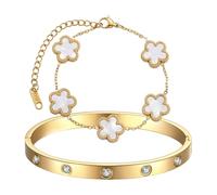 TenaLucy Pack of 2 Bracelet with Five Leaf Clover Leaf Clover Lucky Bracelet Simple Design Style Women's Jewellery Set Waterproof Bracelets Set Friendship for Women Girls, Weiß+Gold, Stainless Steel