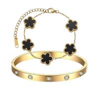 TenaLucy Pack of 2 Bracelet with Five Leaf Clover Leaf Clover Lucky Bracelet Simple Design Style Women's Jewellery Set Waterproof Bracelets Set Friendship for Women Girls, Schwarz+Gold, Stainless