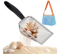 TenaLucy Stainless Steel Sand Sieve, Beach Net Shovel with Mesh Beach Bag Hamster Bath Scoop Cat Litter Scoop Metal Scoop for Excrement (Black)