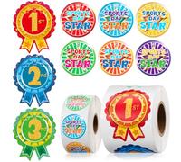 Tenare 1080 Pieces Sports Day Roll Stickers Pack Include 1st 2nd 3rd Digital Medal Stickers 6 Styles Round Sports Day Star Stickers