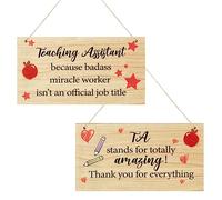 Tenare 2 Pcs Teaching Assistant Gift Wooden Hanging Plaque Sign TA Appreciation Thank You Gift for Teacher Teaching Assistant Essentials Leaving School Keepsake End of Term Gift for Women Men