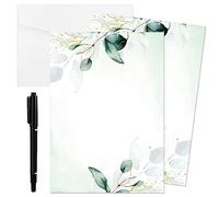 Tenare 20 Pcs Blank Cards with Pattern Postcards 20 Pcs White Envelop and 1 Marker Set Eucalyptus Leaves Postcard Elegant Invitation Cards for Wedding Birthday Greeting Congratulations Party
