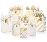 Tenare 24 Pcs Christmas Metallic Gold Gift Bags Bulk with 24 Tissue Paper and Handle Assorted Gold Foil Gift Bag for Christmas Holiday Birthday Wedding Party Favor Supplies (Champagne,Paper)