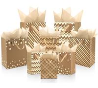 Tenare 24 Pcs Christmas Metallic Gold Gift Bags Bulk with 24 Tissue Paper and Handle Assorted Gold Foil Gift Bag for Christmas Holiday Birthday Wedding Party Favor Supplies(Champagne,Kraft Paper)