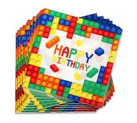 Tenare 32 Pcs Multicolor Building Blocks Happy Birthday Napkins Luncheon Paper Napkins 6.5 x 6.5 Inches Disposable for Kids Adults Birthday Party Supplies