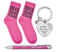 Tenare 4 Pcs Auntie Socks Xmas Gifts Set Auntie Key Ring Thank You Aunt Pen from Niece Nephew Keychain with Greeting Card Christmas Birthday Presents(Pink)