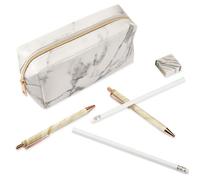 Tenare 6 Pcs Marble Pencil Case Set, White Zippered Pencil Case Pouch School Stationery Bag Including Ballpoint Pen Eraser Cosmetic Makeup Brush Storage Bag for Girls Women Teenagers