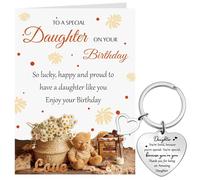 Tenare Bear Daughter Birthday Card with Envelope and Heart Shape Keychain Gift from Dad Mum Birthday Gifts Stainless Steel Heart Daughter Keyring with Lovely Words