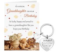 Tenare Bear Granddaughter Birthday Card with Envelope and Granddaughter Heart Shape Keychain Gift from Grandma Grandpa Birthday Gifts Stainless Steel Heart Keyring with Lovely Words
