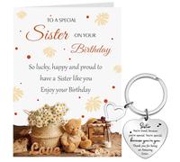Tenare Bear Sister Birthday Card 3 Pcs with Envelope and Heart Shape Keychain Stainless Steel Heart Keyring with Lovely Words Birthday Gifts for Sister Female Best Friends Graduations Weddings